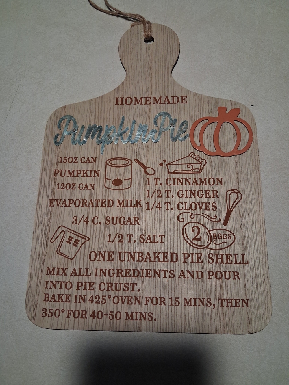 Homemade Pumpkin Pie Recipe Wooden Cutting Board - Orange Accent